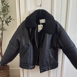 OAK + FORT Black Leather Jacket with Plush Collar